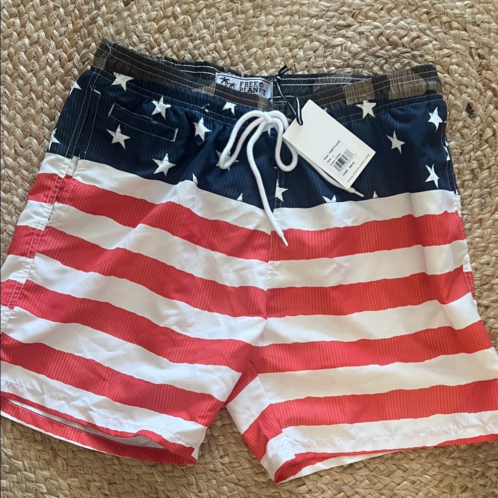 Free Planet Red and White Striped Swim Trunks